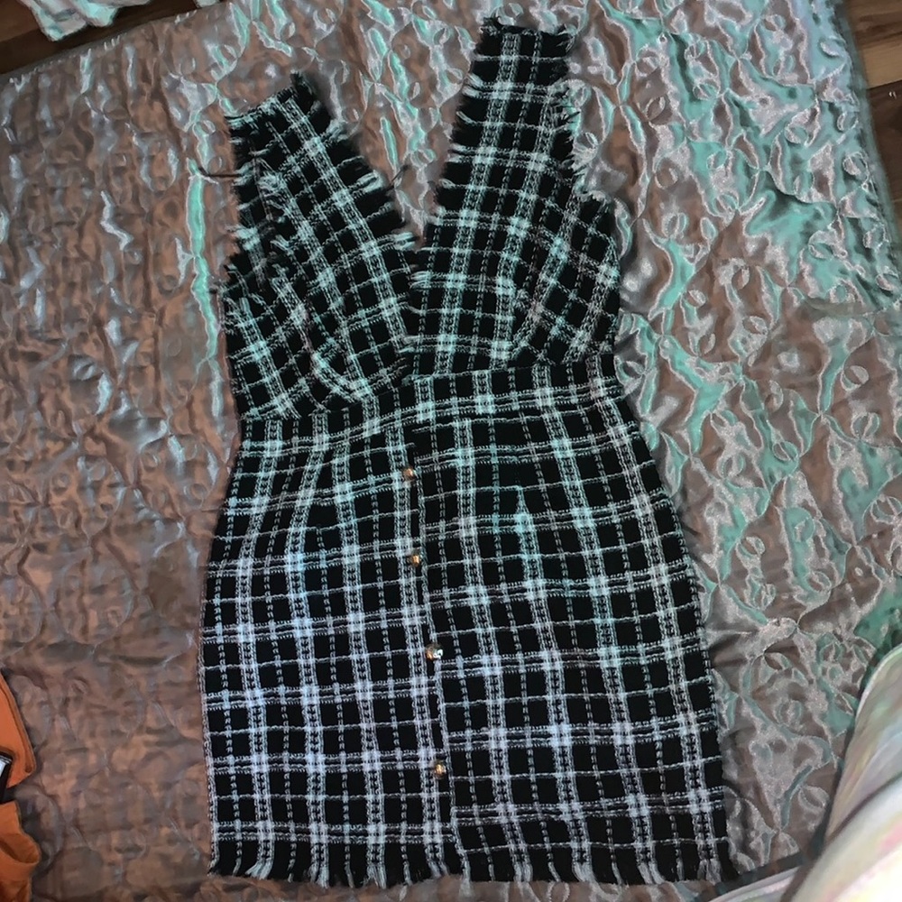 Frayed Hem Button Front Tweed Overall Dress